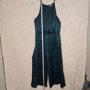 Evolutionary Teal Satin Halter Jumpsuit Wide Leg Side Slit Sleeveless Womens M